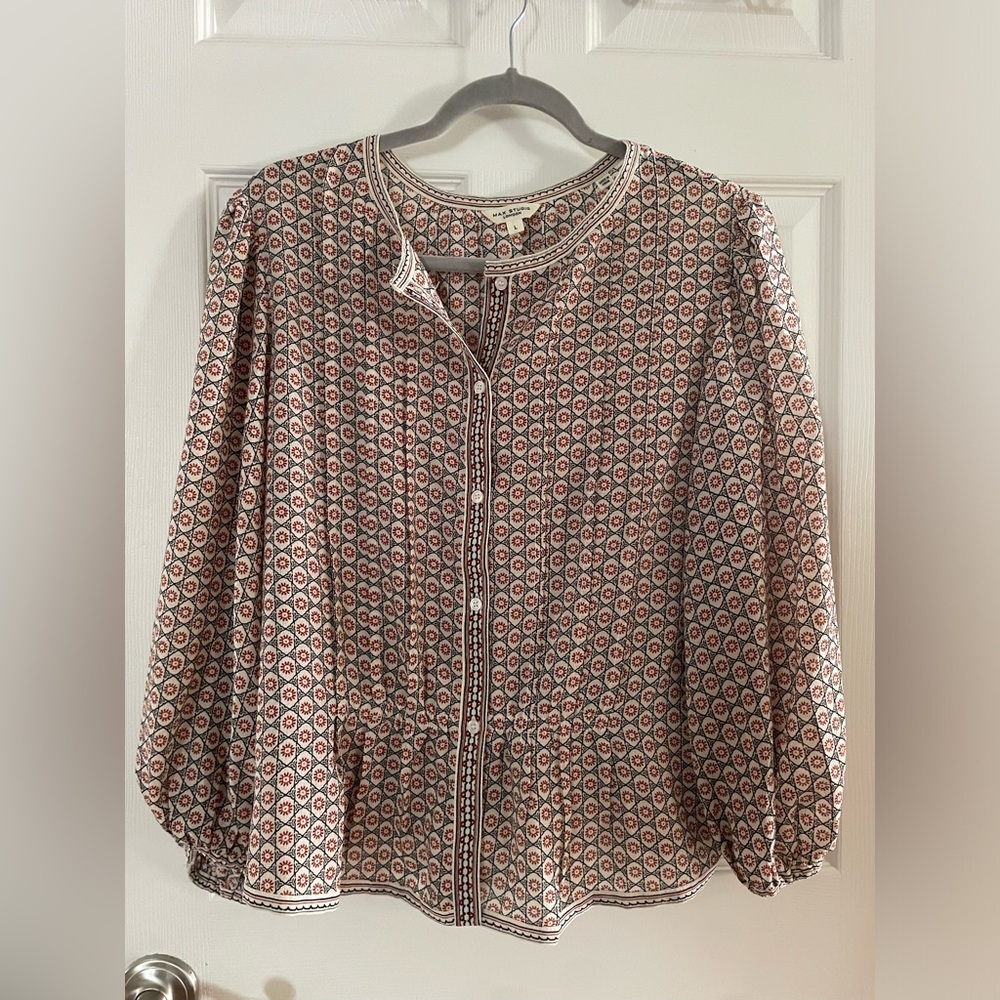 Max Studio Printed Button-Front Tunic Blouse - Cream, Rust & Navy